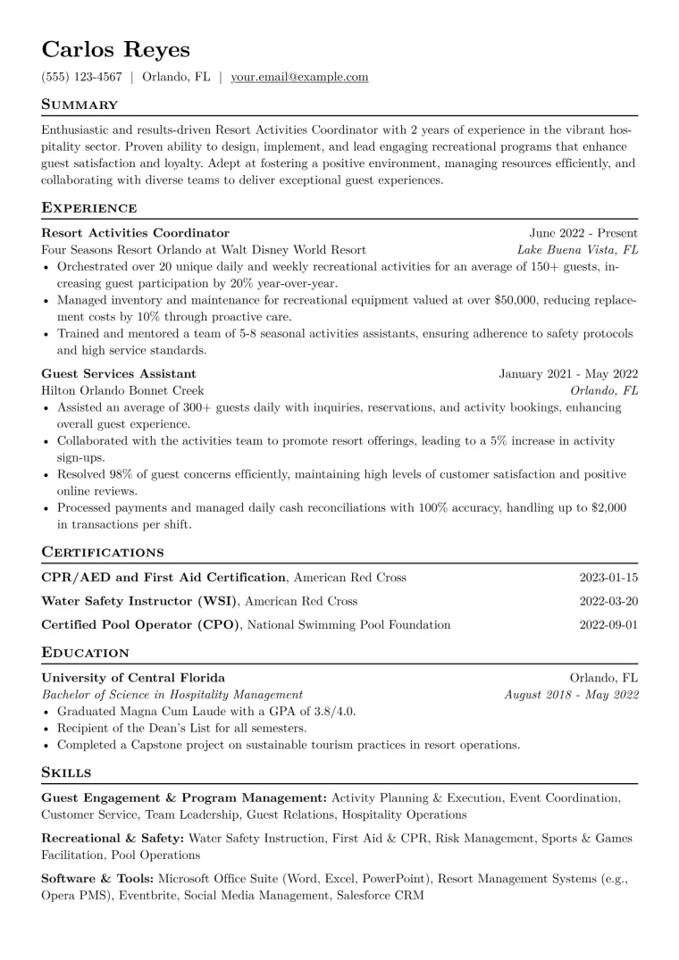 Resort Activities Coordinator Resume Example CV template preview