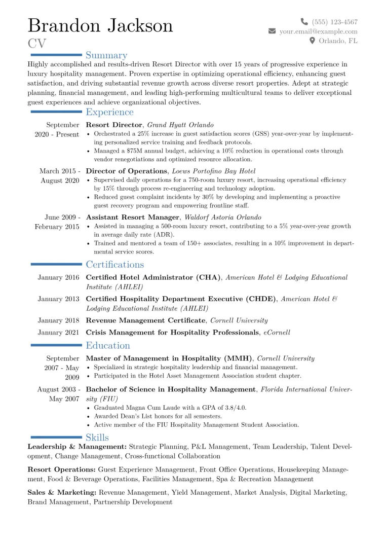 Resort Director Resume Example CV template preview