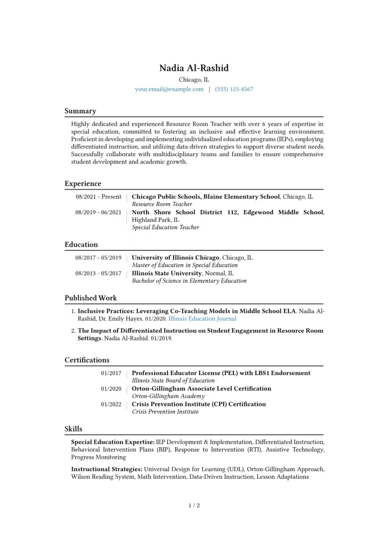 Resource Room Teacher Resume Example CV template preview