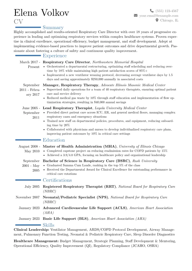 Respiratory Care Director Resume Example CV template preview