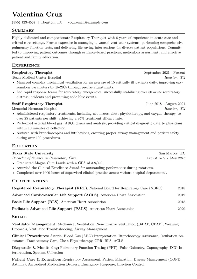 Respiratory Therapist Resume Example CV template preview