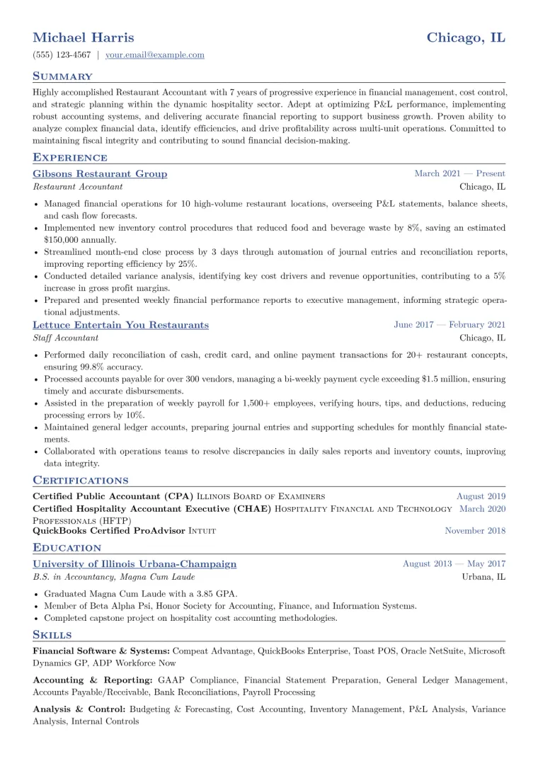 Restaurant Accountant Resume Example CV template preview