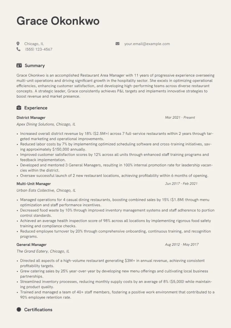 Restaurant Area Manager Resume Example CV template preview