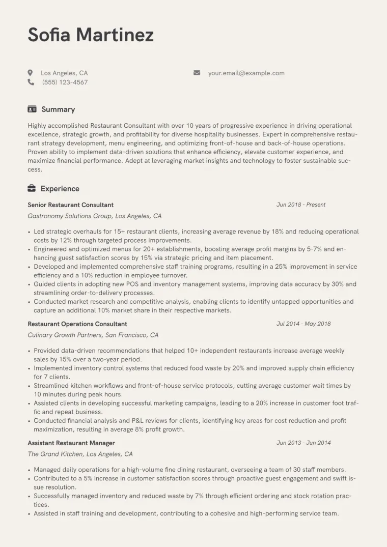Restaurant Consultant Resume Example CV template preview
