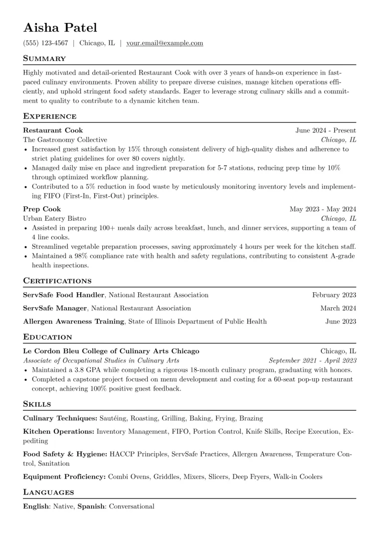 Restaurant Cook Resume Example CV template preview