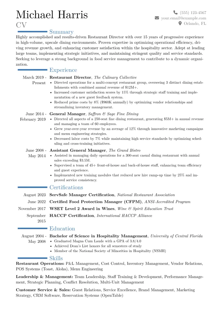 Restaurant Director Resume Example CV template preview