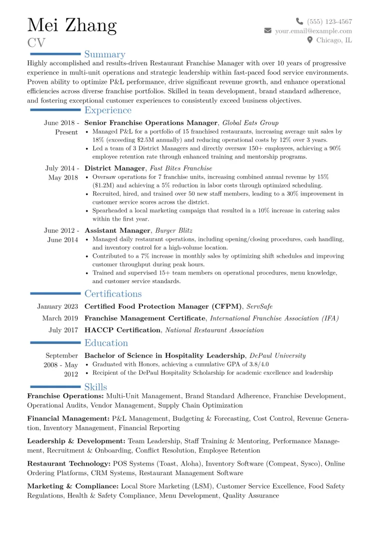 Restaurant Franchise Manager Resume Example CV template preview