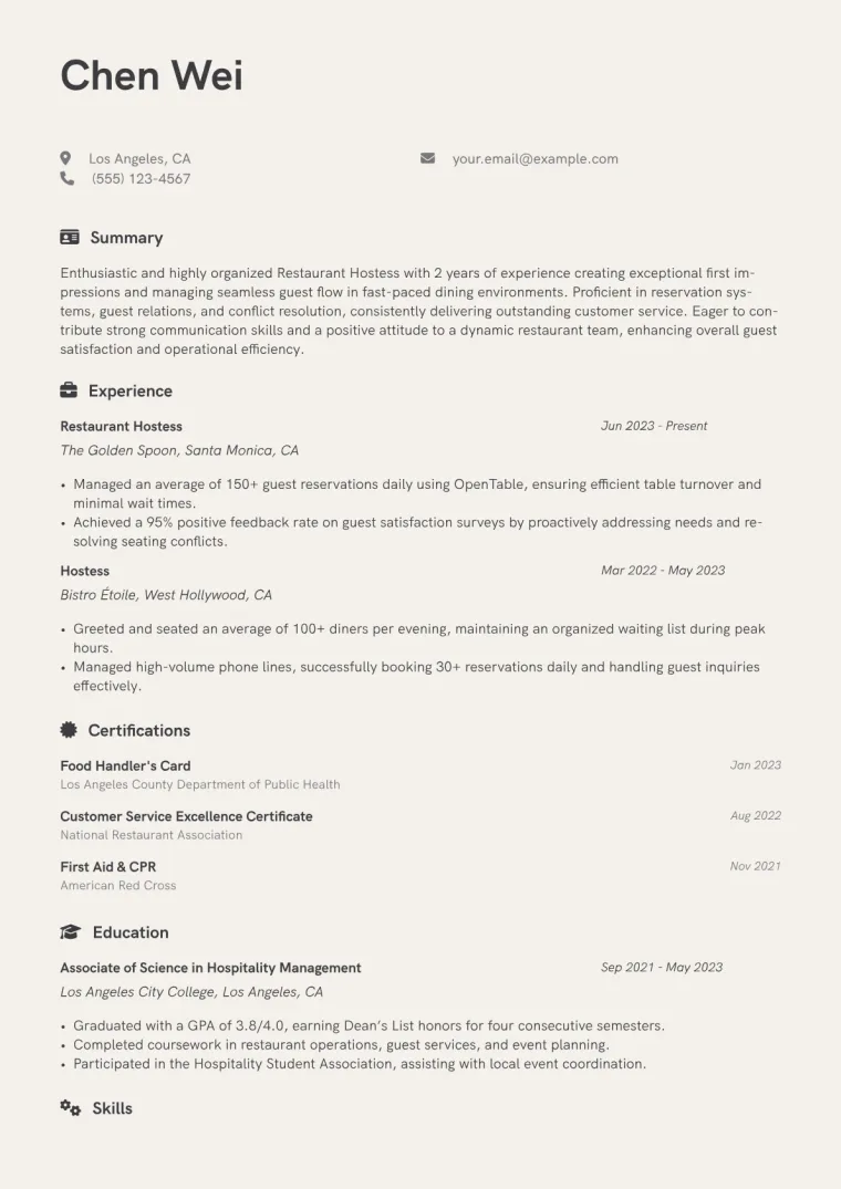 Restaurant Hostess Resume Example CV template preview