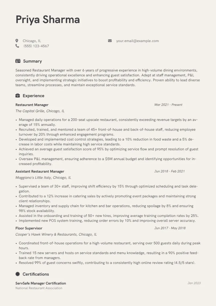 Restaurant Manager Resume Example CV template preview