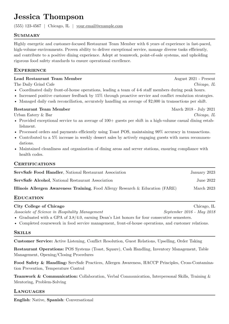 Restaurant Team Member Resume Example CV template preview