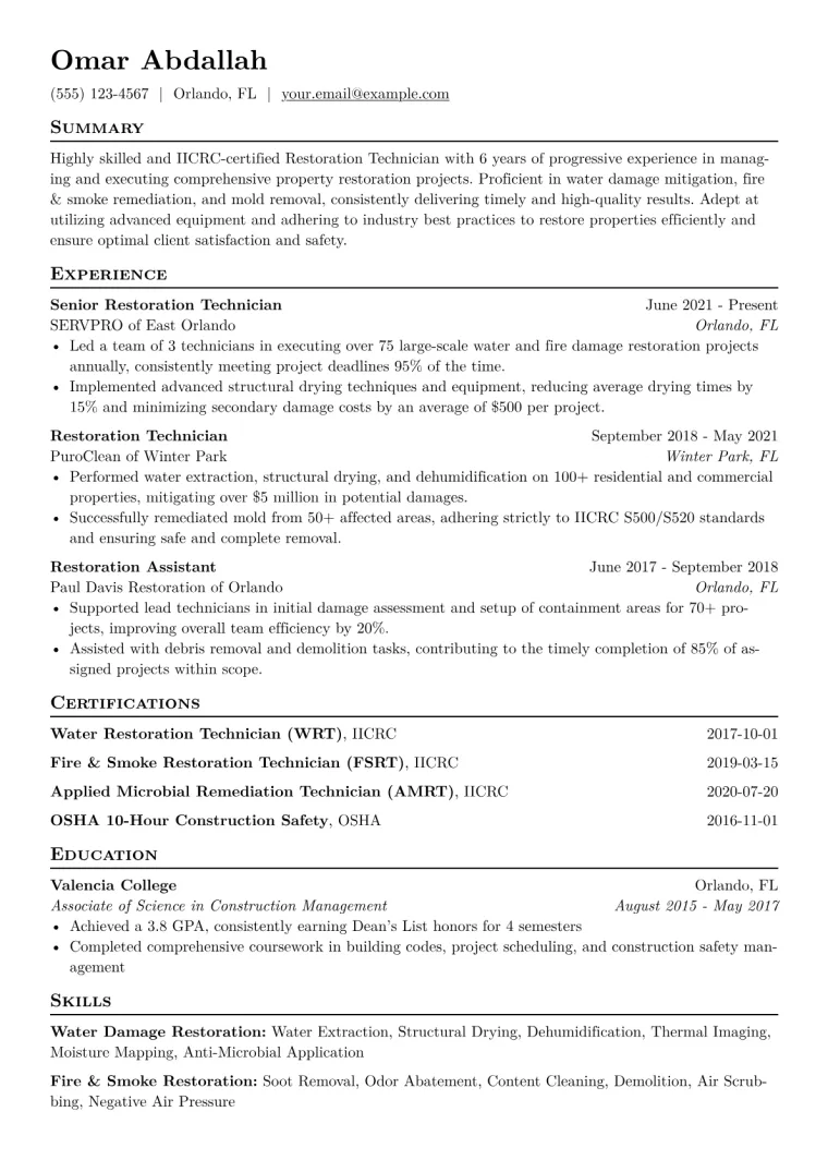 Restoration Technician Resume Example CV template preview