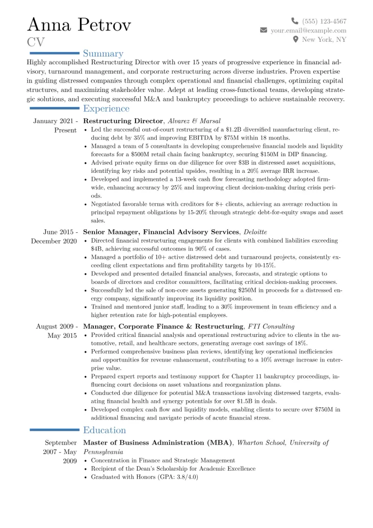 Restructuring Director Resume Example CV template preview