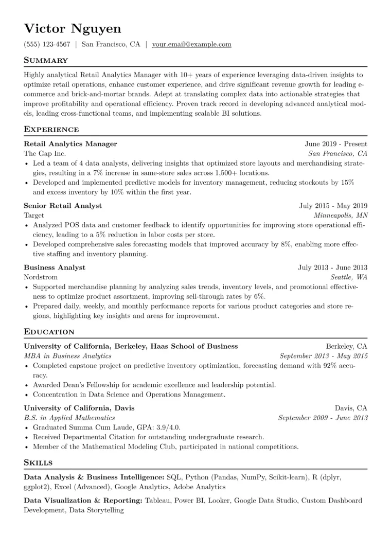 Retail Analytics Manager Resume Example CV template preview