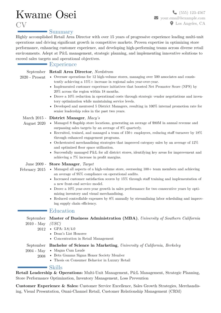 Retail Area Director Resume Example CV template preview