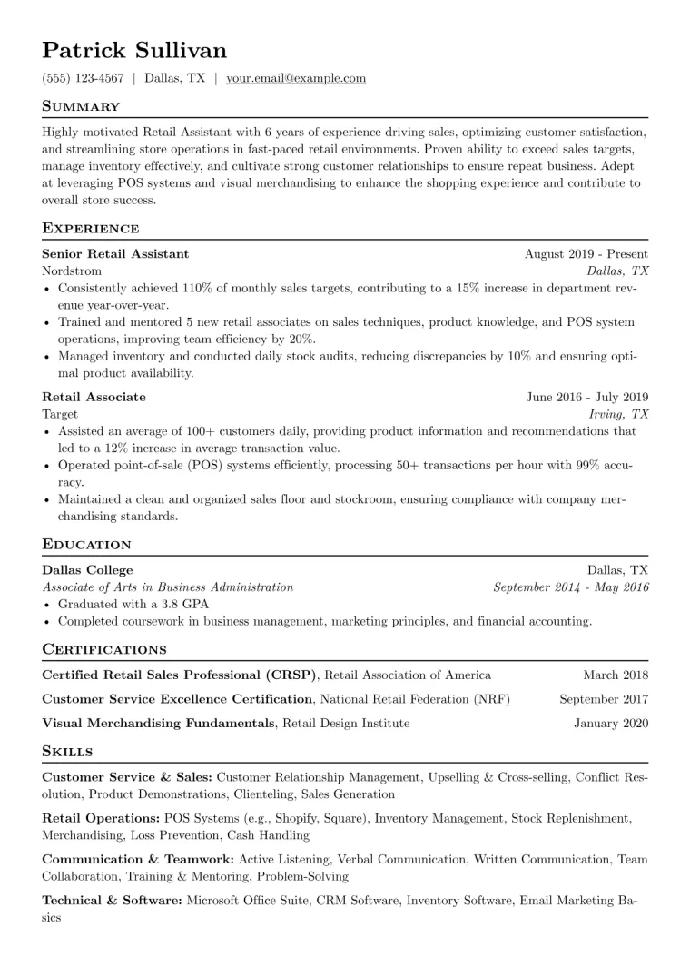 Retail Assistant Resume Example CV template preview