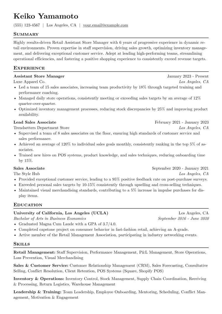 Retail Assistant Store Manager Resume Example CV template preview