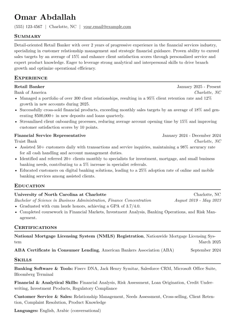 Retail Banker Resume Example CV template preview