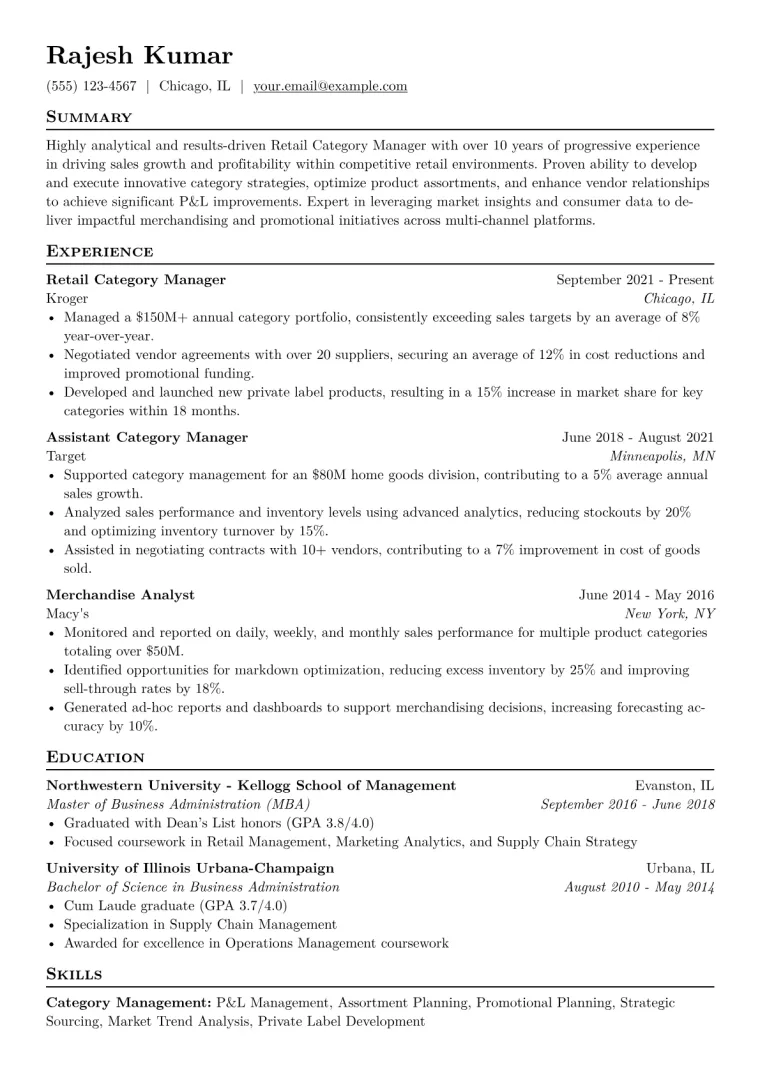 Retail Category Manager Resume Example CV template preview