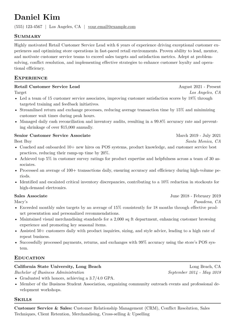 Retail Customer Service Lead Resume Example CV template preview
