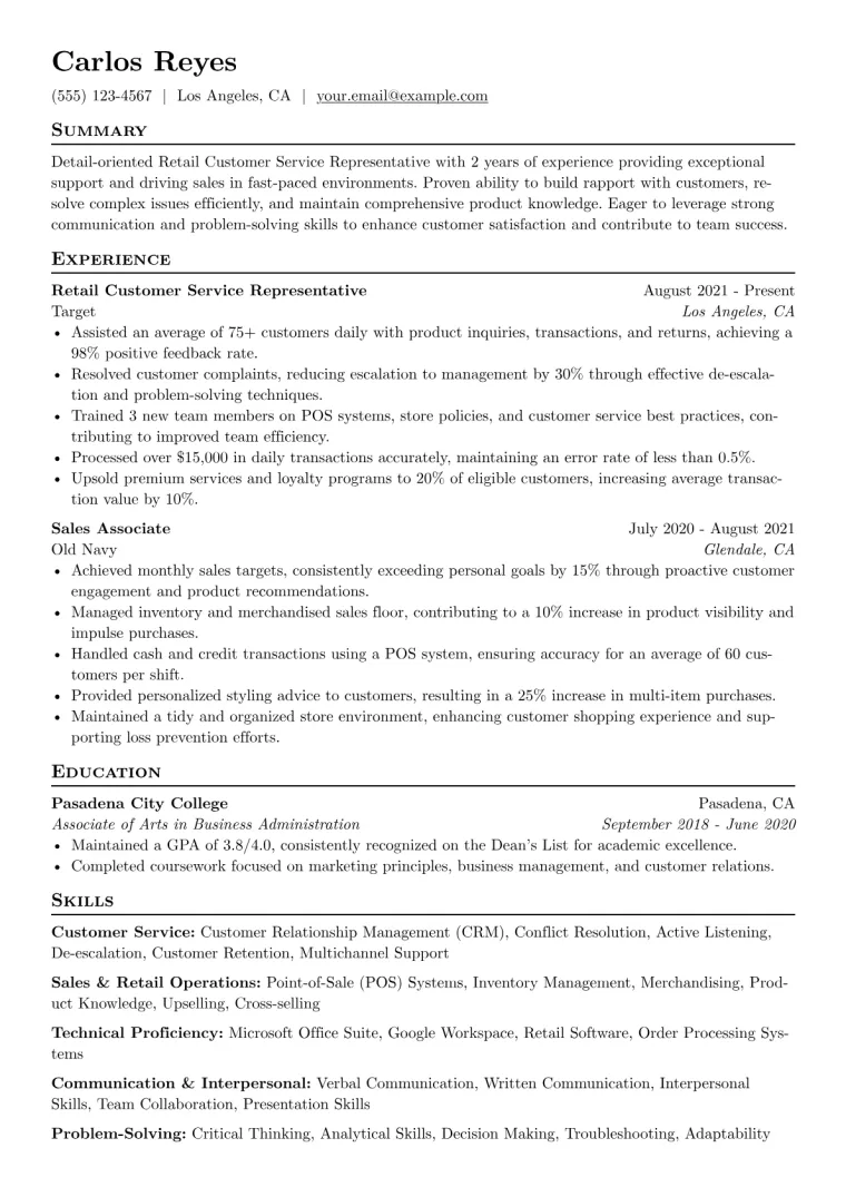 Retail Customer Service Representative Resume Example CV template preview