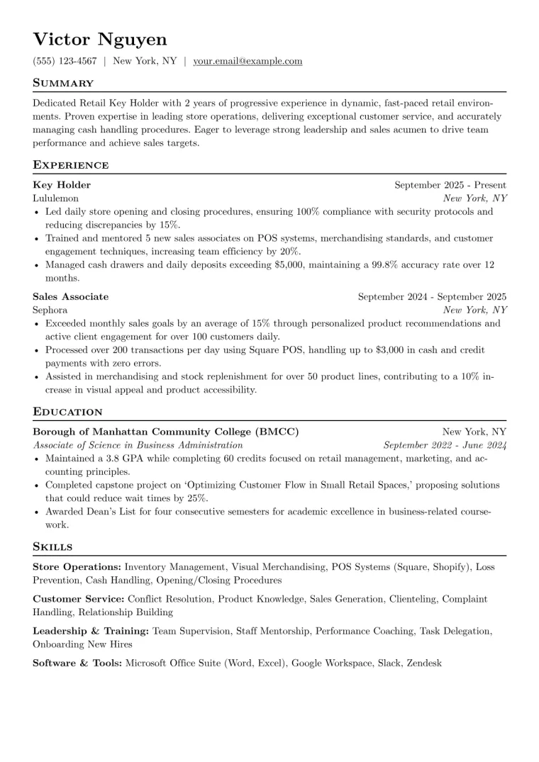Retail Key Holder Resume Example preview
