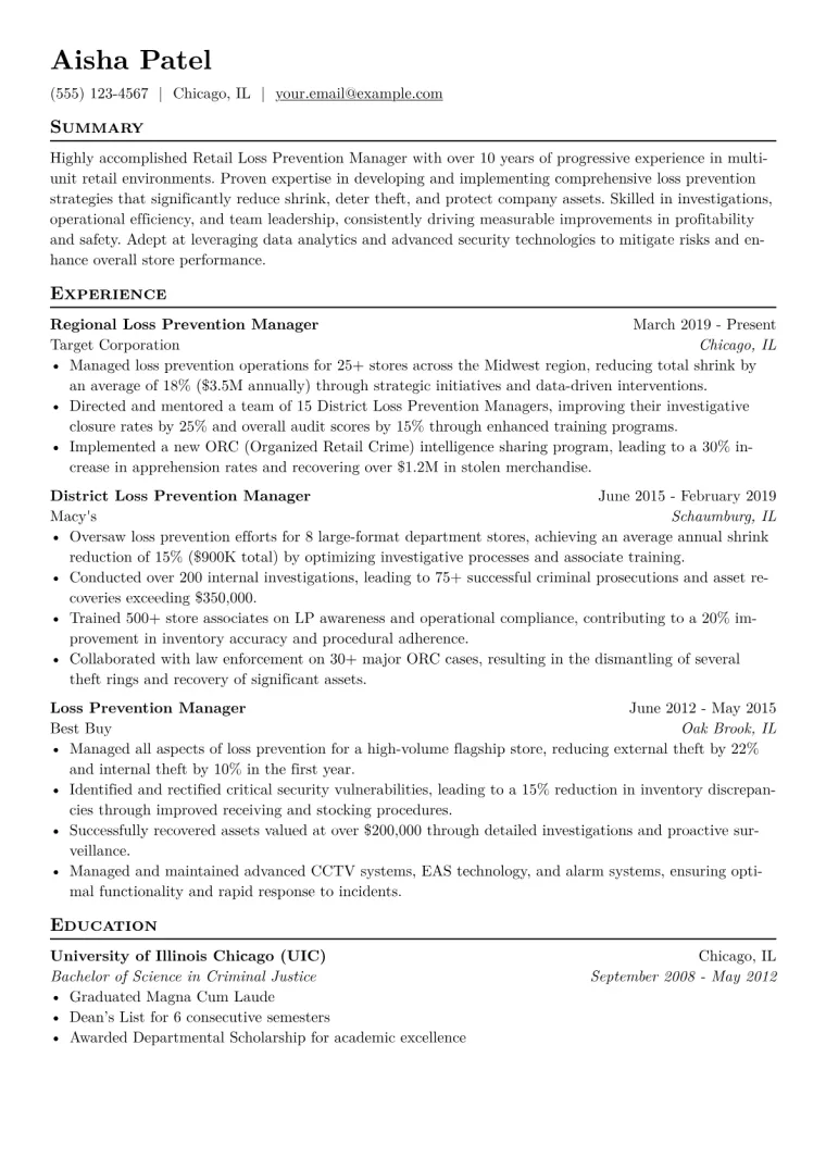 Retail Loss Prevention Manager Resume Example CV template preview