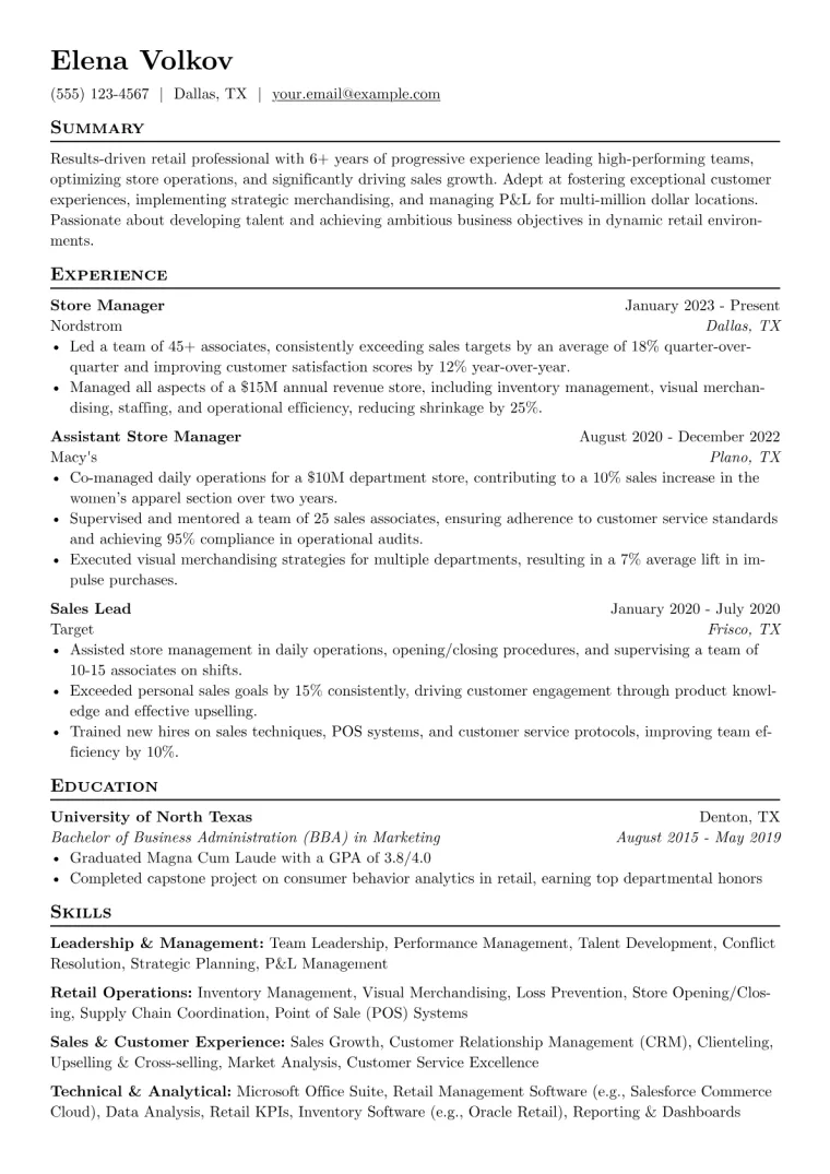 Retail Management Resume Example preview
