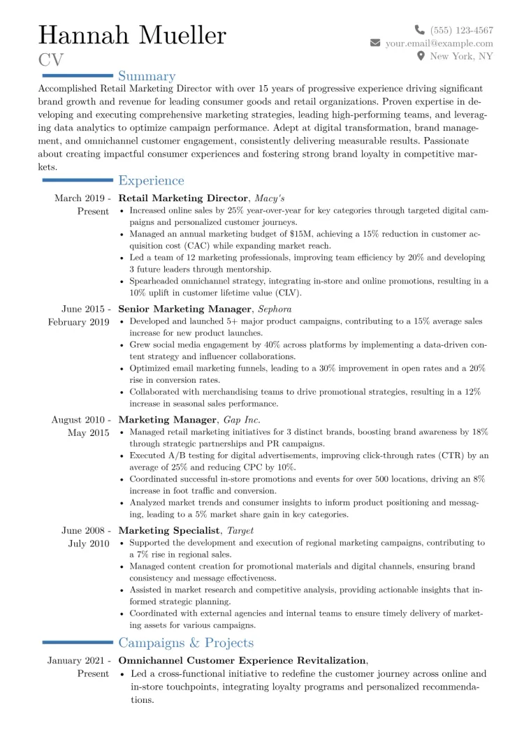 Retail Marketing Director Resume Example CV template preview