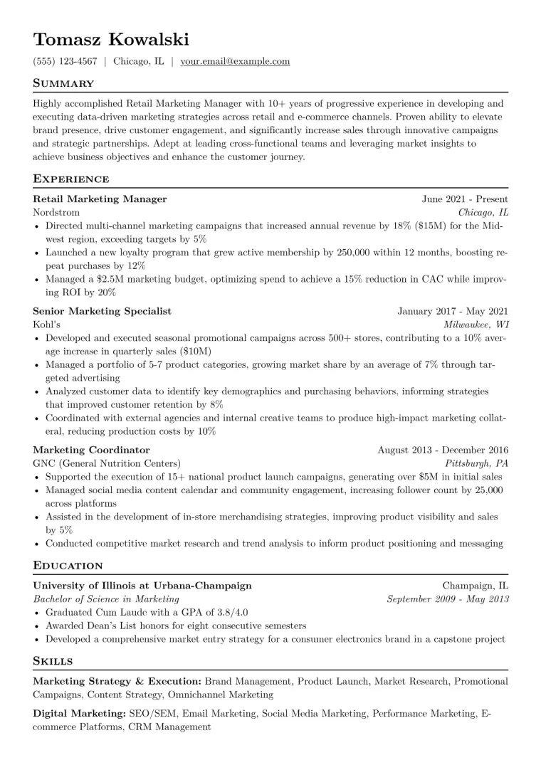 Retail Marketing Manager Resume Example CV template preview