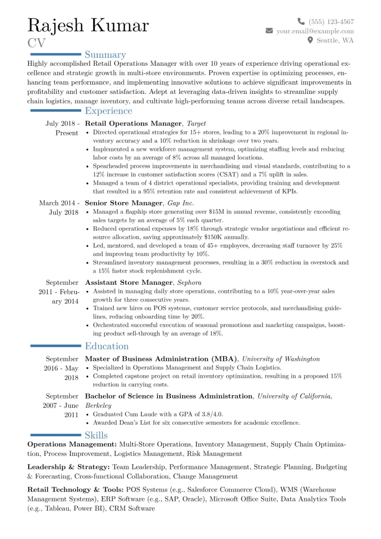 Retail Operations Manager Resume Example CV template preview