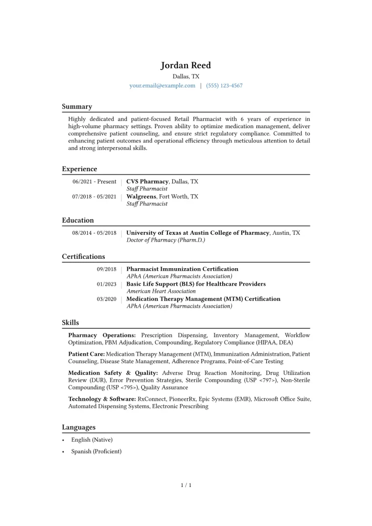 Retail Pharmacist Resume Example CV template preview