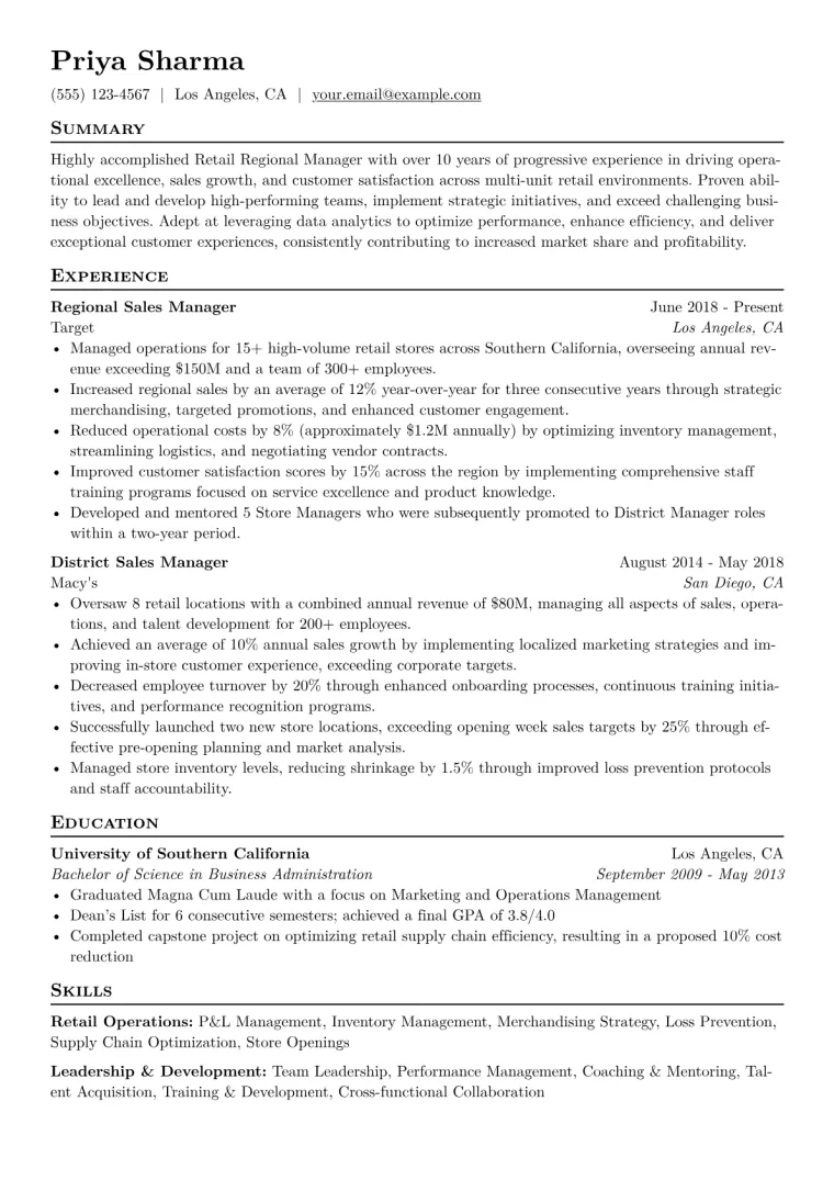 Retail Regional Manager Resume Example CV template preview