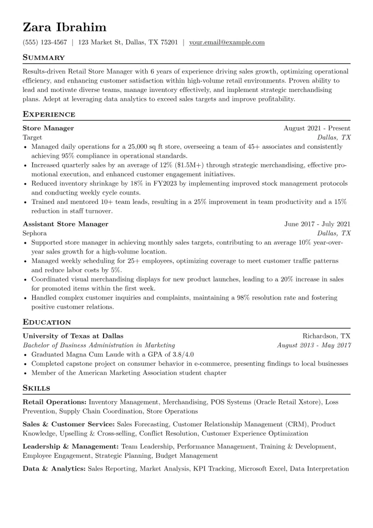 Retail Resume Example CV template preview
