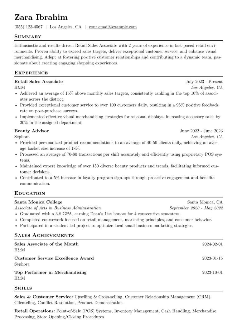 Retail Sales Associate Resume Example CV template preview