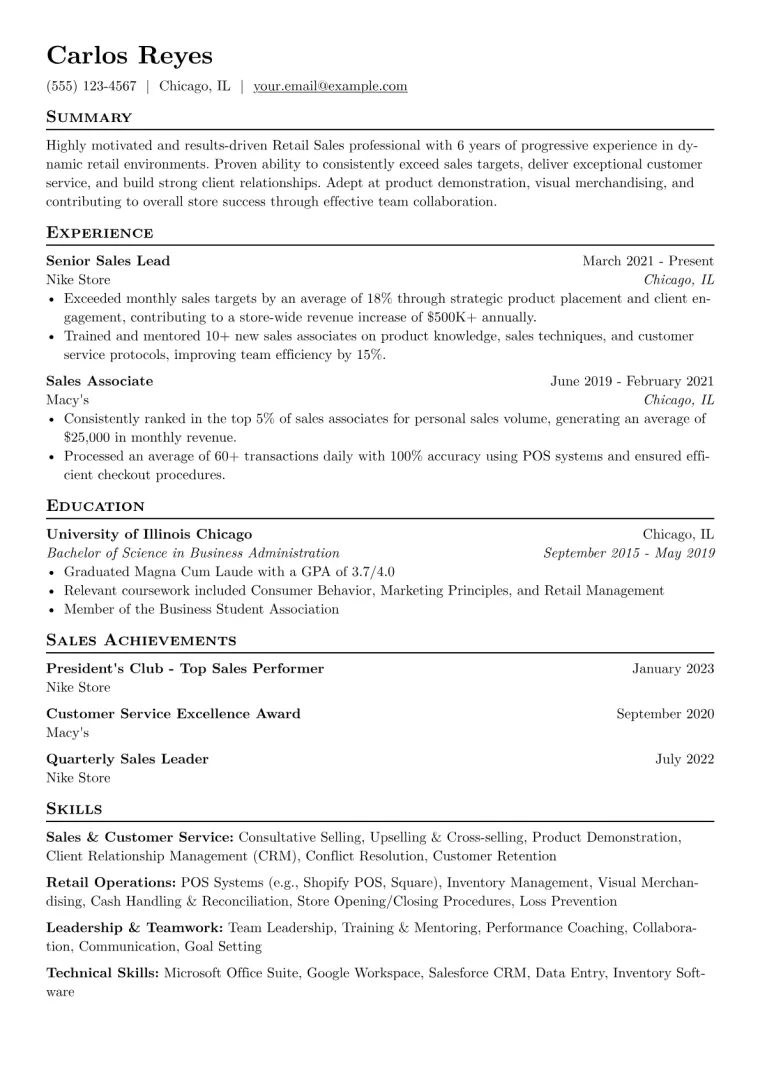 Retail Sales Resume Example CV template preview