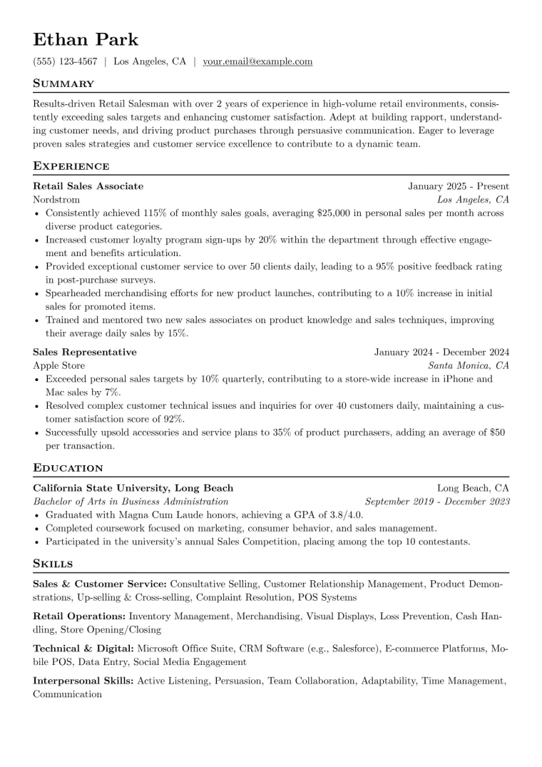 Retail Salesman Resume Example CV template preview