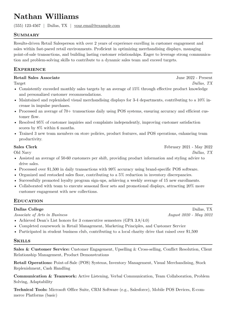 Retail Salesperson Resume Example CV template preview