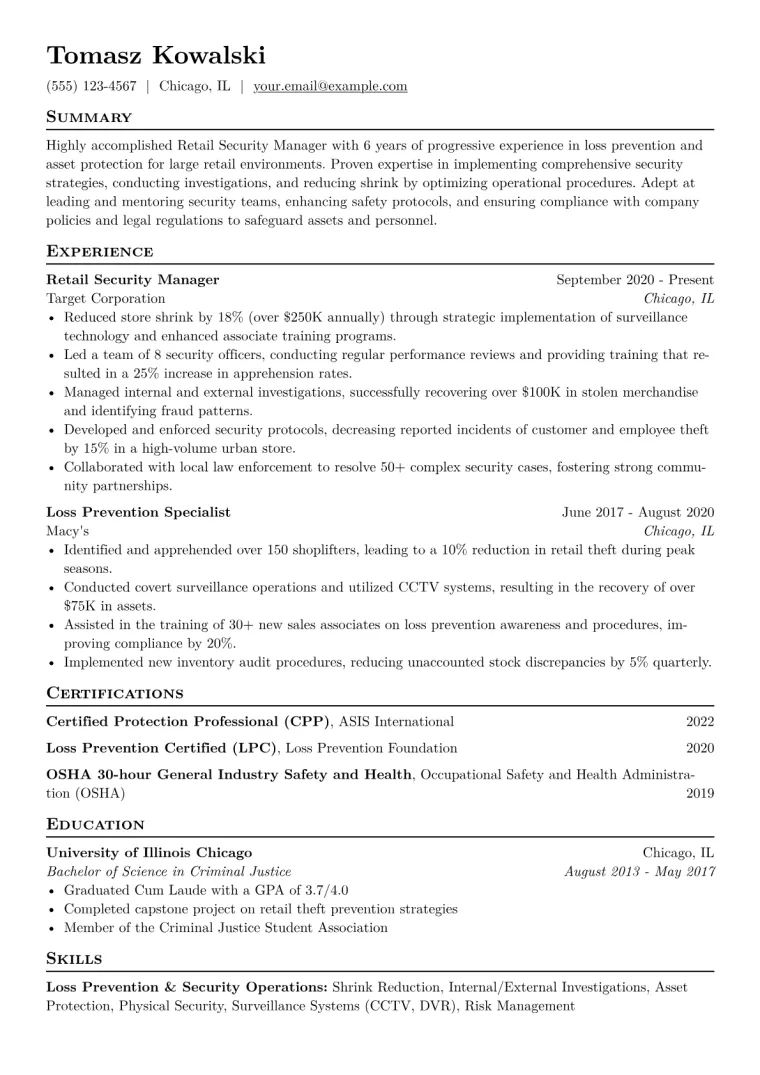 Retail Security Manager Resume Example CV template preview