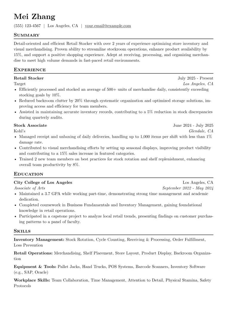 Retail Stocker Resume Example CV template preview