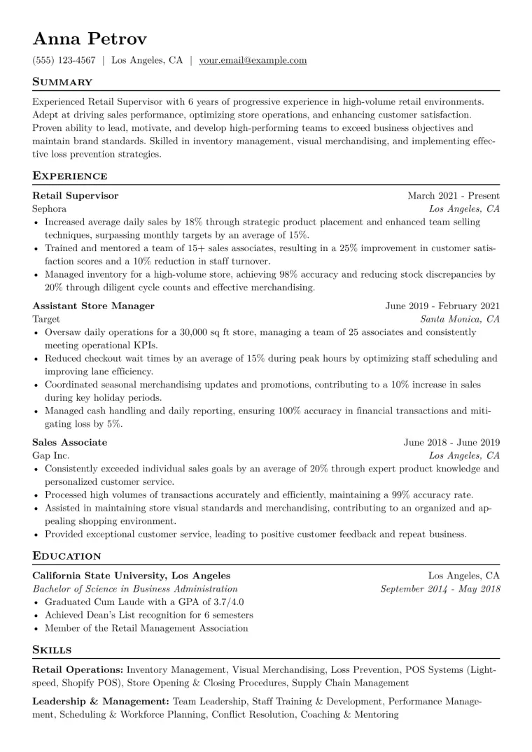 Retail Supervisor Resume Example CV template preview