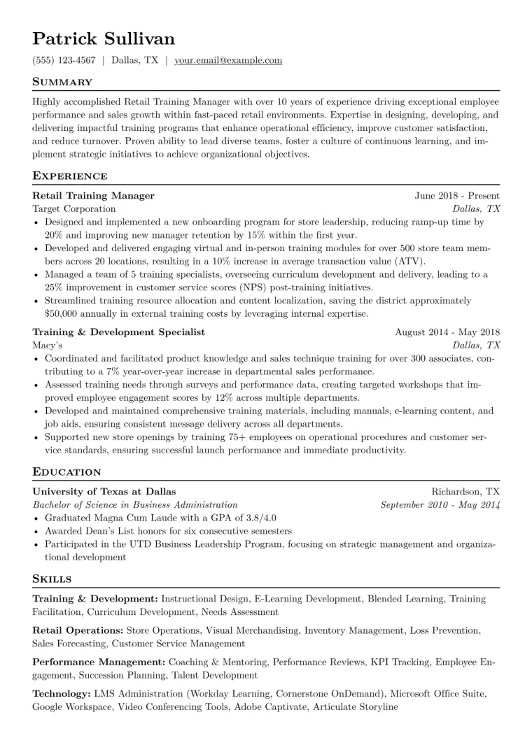 Retail Training Manager Resume Example CV template preview