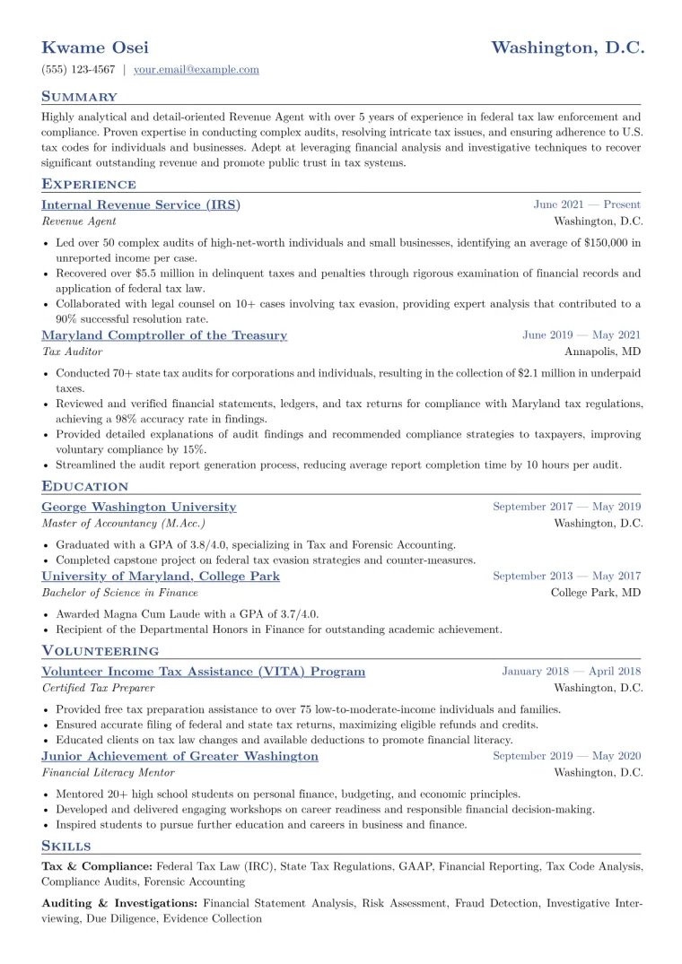 Revenue Agent Resume Example CV template preview