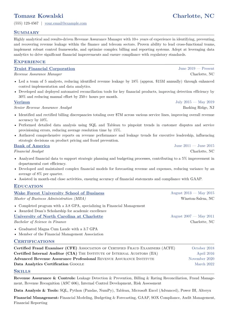 Revenue Assurance Manager Resume Example CV template preview