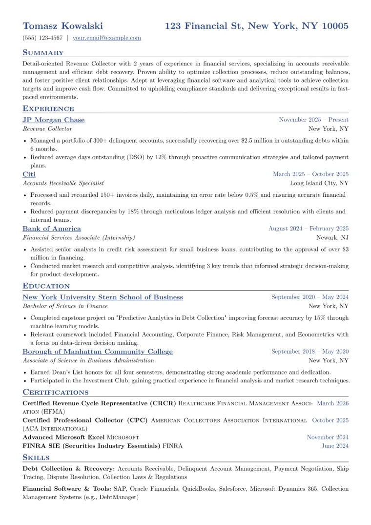Revenue Collector Resume Example CV template preview