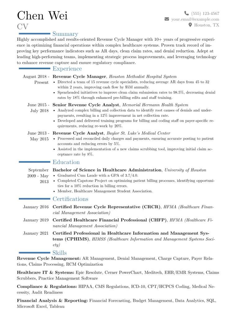 Revenue Cycle Manager Resume Example CV template preview