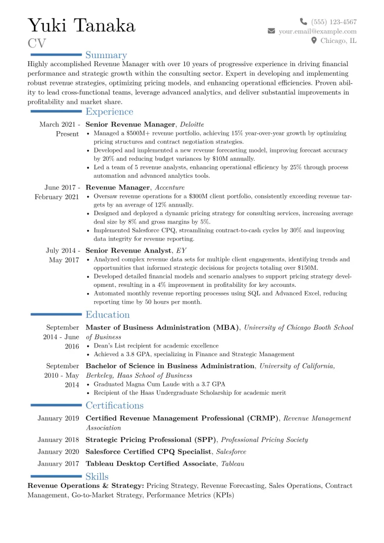 Revenue Manager Resume Example CV template preview