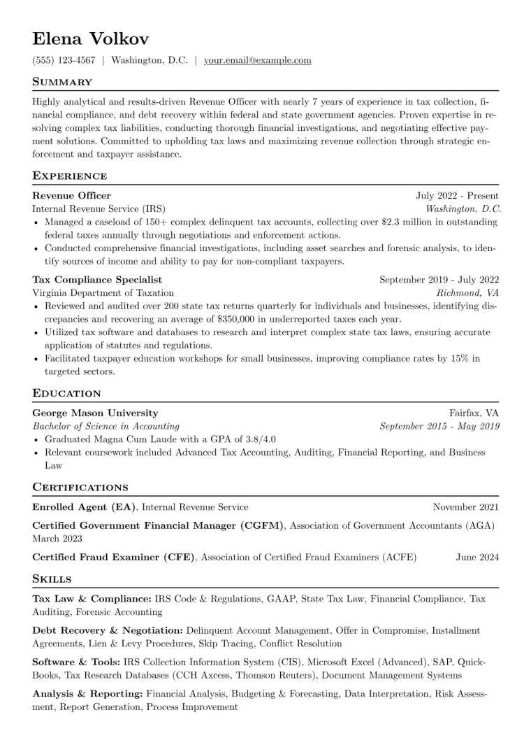 Revenue Officer Resume Example preview