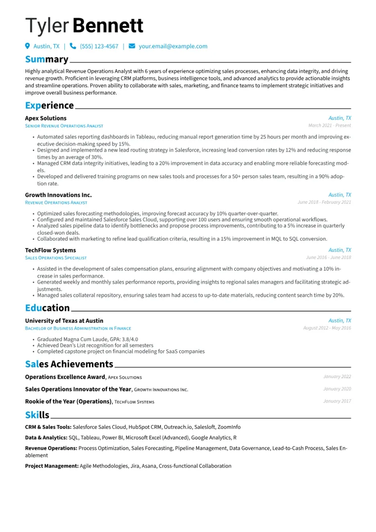 Revenue Operations Analyst Resume Example CV template preview