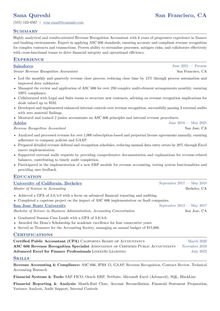 Revenue Recognition Accountant Resume Example CV template preview
