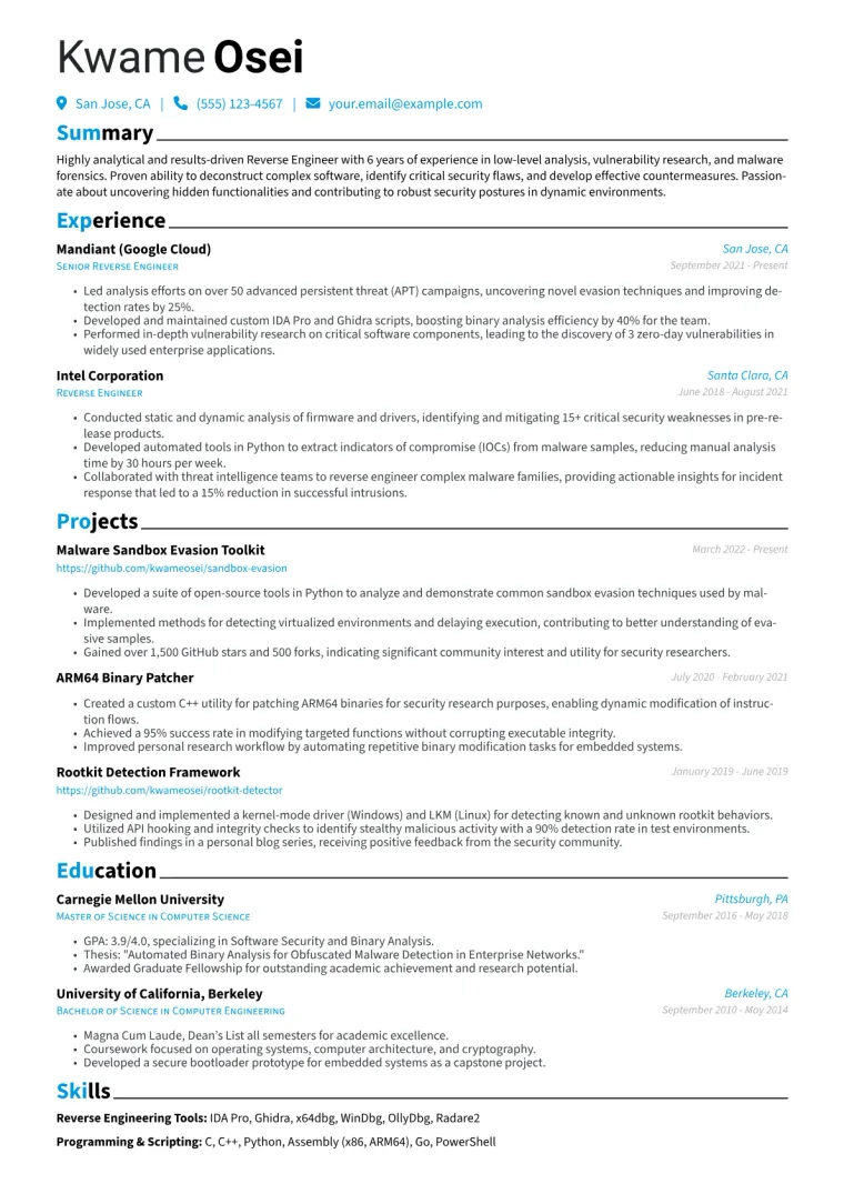 Reverse Engineer Resume Example CV template preview
